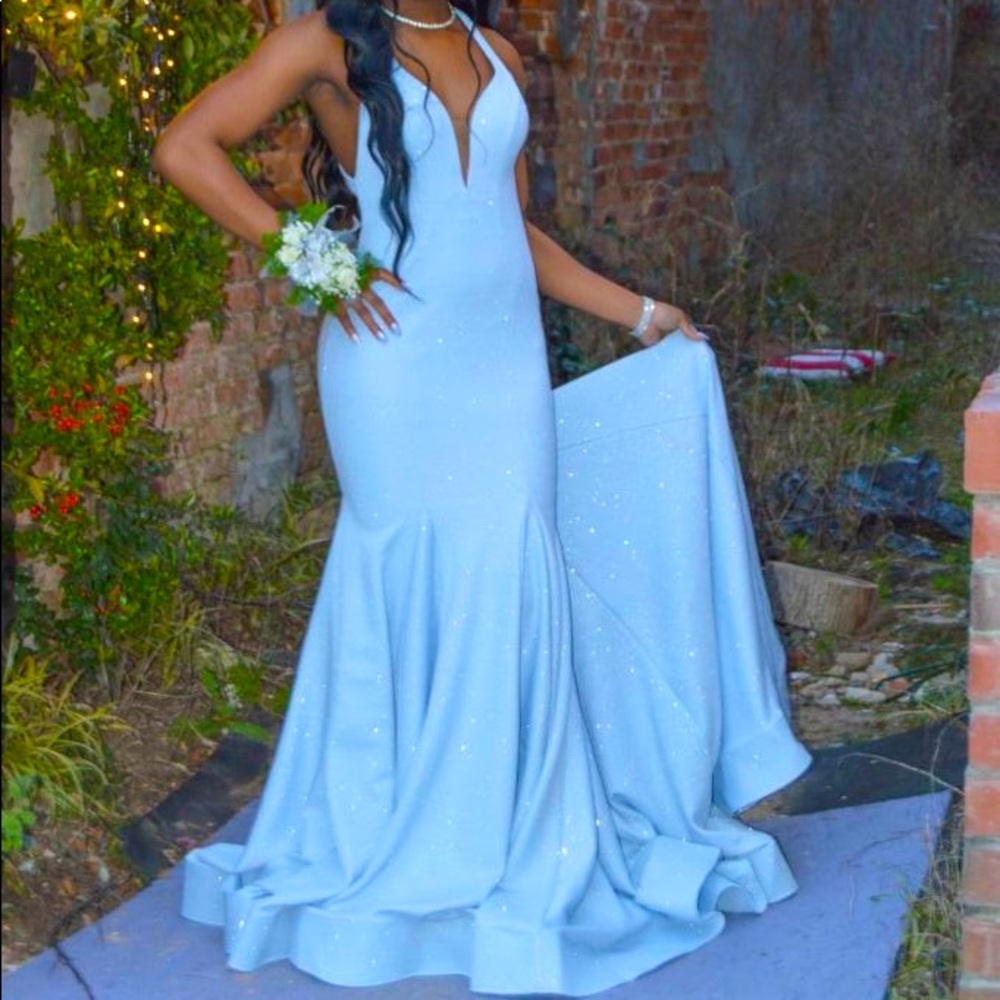 Shimmer baby blue prom dress